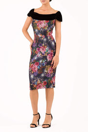 model wearing diva catwalk verdana matilda jaquard pencil-skirt fitted dress in black floral print and black velvet bardot neckline sleeveless and knee length front