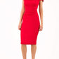 Model wearing the Diva Cloud Luxury Moss Crepe dress with cold shoulder design in scarlet red front image