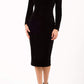 blonde model wearing diva catwalk black pencil dress called trocadero pencil midaxi style with funnel neckline and lace detail and long sleeves front