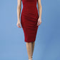 model is wearing diva catwalk carla pencil sleeveless dress in merlot red front