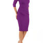 Model wearing the Diva Carlotta Pencil dress with pleat detail at the neckline and across the front in violet purple front image