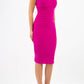 Model wearing Diva Catwalk Lydia Classic Sleeveless Bodycon Pencil Dress rounded neckline with slit in Magenta Haze front