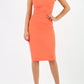 Model wearing Diva Catwalk Lydia Classic Sleeveless Bodycon Pencil Dress rounded neckline with slit in Sea Coral front