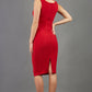 blonde model is wearing diva catwalk gathered banbury red pencil dress with no sleeve back