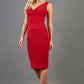 blonde model is wearing diva catwalk gathered banbury red pencil dress with no sleeve front