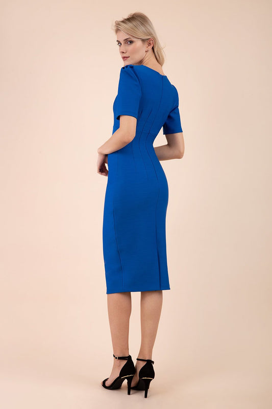 Model wearing pencil short sleeve seed fitzrovia dress back image