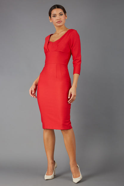 Model wearing the Seed in pencil dress design in red front image