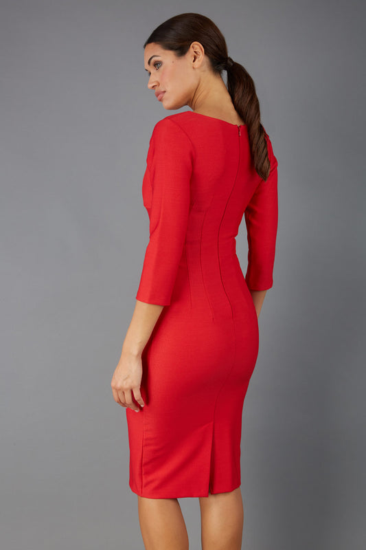 Model wearing the Seed in pencil dress design in red back image