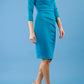 model is wearing diva catwalk donna sleeved pencil dress in mosaic blue front