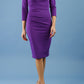 model is wearing diva catwalk donna sleeved pencil dress in passion purple front