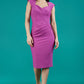 model is wearing diva catwalk vivian sleeveless pencil skirt dress with overlapped bustarea and lowered neckline in purple colour front