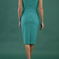 blonde model is wearing diva catwalk vivian sleeveless pencil skirt dress with overlapped bust area and lowered neckline in emerald green back