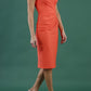 blonde model is wearing diva catwalk vivian sleeveless pencil skirt dress with overlapped bust area and lowered neckline in hot coral colour front