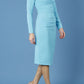 model is wearing diva catwalk cynthia long sleeve pencil dress with low v-neckline in celeste blue front