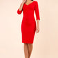 brunette model wearing diva catwalk natalie pencil-skirt dress with sleeves and v-neckline in red front