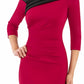 model is wearing diva catwalk pencil dress with contrasting asymmetric satin neckline in beet red front