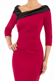 model is wearing diva catwalk pencil dress with contrasting asymmetric satin neckline in beet red front