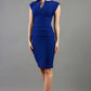 model wearing diva catwalk daphne sleeveless royal blue pencil dress with rounded neckline with split in the middle in front
