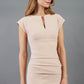 model wearing diva catwalk daphne sleeveless almond mousse pencil dress with rounded neckline with split in the middle in front