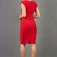 model wearing diva catwalk daphne sleeveless pencil skirt dress with rounded neckline with split in the middle in electric red colour back