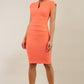 model wearing diva catwalk daphne sleeveless pencil skirt dress with rounded neckline with split in the middle in electric hot coral colour sheath dress front