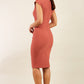 model wearing diva catwalk daphne sleeveless marsala brown  pencil dress with rounded neckline with split in the middle in back