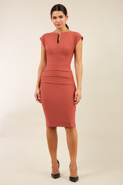 model wearing diva catwalk daphne sleeveless marsala brown  pencil dress with rounded neckline with split in the middle in front sheath dress