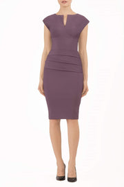 model wearing diva catwalk daphne sleeveless pencil skirt dress with rounded neckline with split in the middle in purple colour front