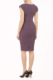 model wearing diva catwalk daphne sleeveless pencil skirt dress with rounded neckline with split in the middle in purple colour back