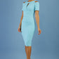 model wearing diva catwalk ruth pencil skirt dress with a keyhole cut in rounded neckline and cold shoulder detail in celeste blue colour front