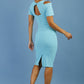 model wearing diva catwalk ruth pencil skirt dress with a keyhole cut in rounded neckline and cold shoulder detail in celeste blue colour back