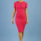 model wearing diva catwalk ruth pencil skirt dress with a keyhole cut in rounded neckline and cold shoulder detail in honeysuckle pink colour front