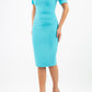 Model wearing Diva Mollie pencil dress with short sleeve in celeste blue front