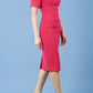 Model wearing Diva Mollie pencil dress with short sleeve in honeysuckle pink front