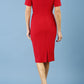 Model wearing Diva Mollie pencil dress with short sleeve in scarlet red back