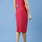 model is wearing diva catwalk seed cadiz pencil sleeveless dress in crimson pink back