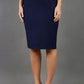 blonde model is wearing seed diva dawlish navy pencil skirt front