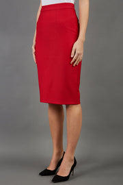 blonde model is wearing seed diva dawlish red pencil skirt front