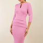 Model wearing the Diva Daphne Venice Stretch Pencil dress with pleat detail across the front in cashmere pink front image