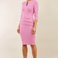 Model wearing the Diva Daphne Venice Stretch Pencil dress with pleat detail across the front in cashmere pink front image