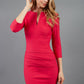 Model wearing the Diva Daphne ¾ Sleeved dress with pleat detail across the hips and ¾ sleeve length in yarrow pink front