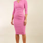 model wearing diva catwalk helston begonia pink pencil skirt dress with sleeves and cut out detail on the neckline front