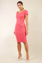 Model wearing the Diva Abberton Lace Sweetheart Neckline Pencil Dress in coral front