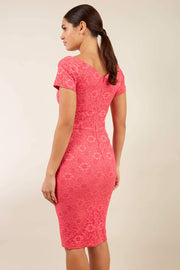 Model wearing the Diva Abberton Lace Sweetheart Neckline Pencil Dress in coral back