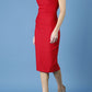 model is wearing diva catwalk seed fitzrovia sleeveless pencil dress in cardinal red front 