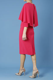 model wearing diva catwalk lizanne pencil-skirt dress with an attached wide cape detail and 3 4 sleeves in colour honeysuckle pink side