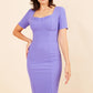 model wearing diva catwalk mitzi short sleeve pencil dress with square frilled neckline in fusion indigo  front 