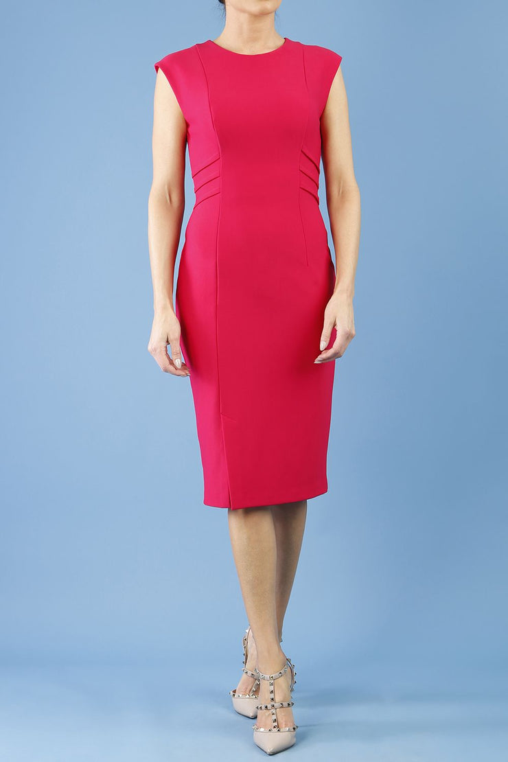 model is wearing diva catwalk octavia sleeveless pencil dress in rose red front 