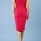 model is wearing diva catwalk octavia sleeveless pencil dress in rose red back