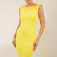 brunette model is wearing diva catwalk odessa pencil sleeveless dress with frill detail on rounded neckline in yellow front